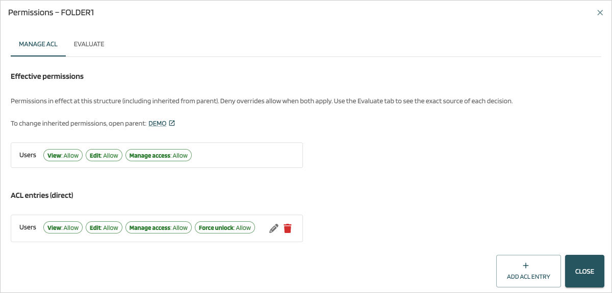 Manage ACL tab: effective and direct entries
