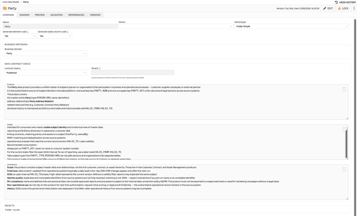 Folder Overview with Data contract (ODCS) section